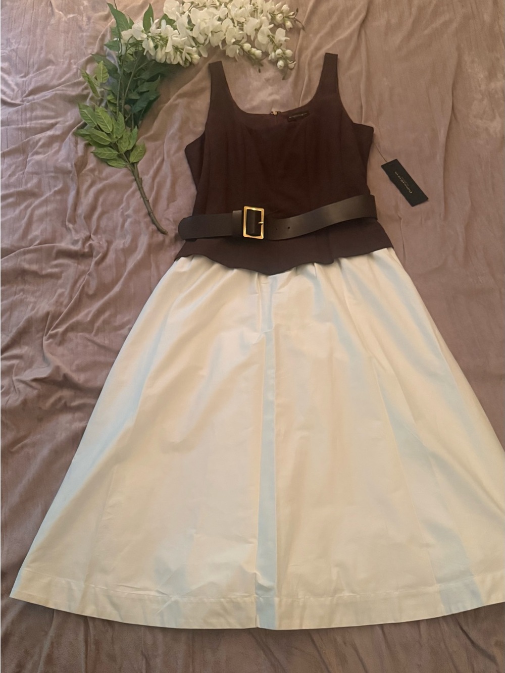 Donna Karan Brown & Ivory Belted Midi Dress | Size 8